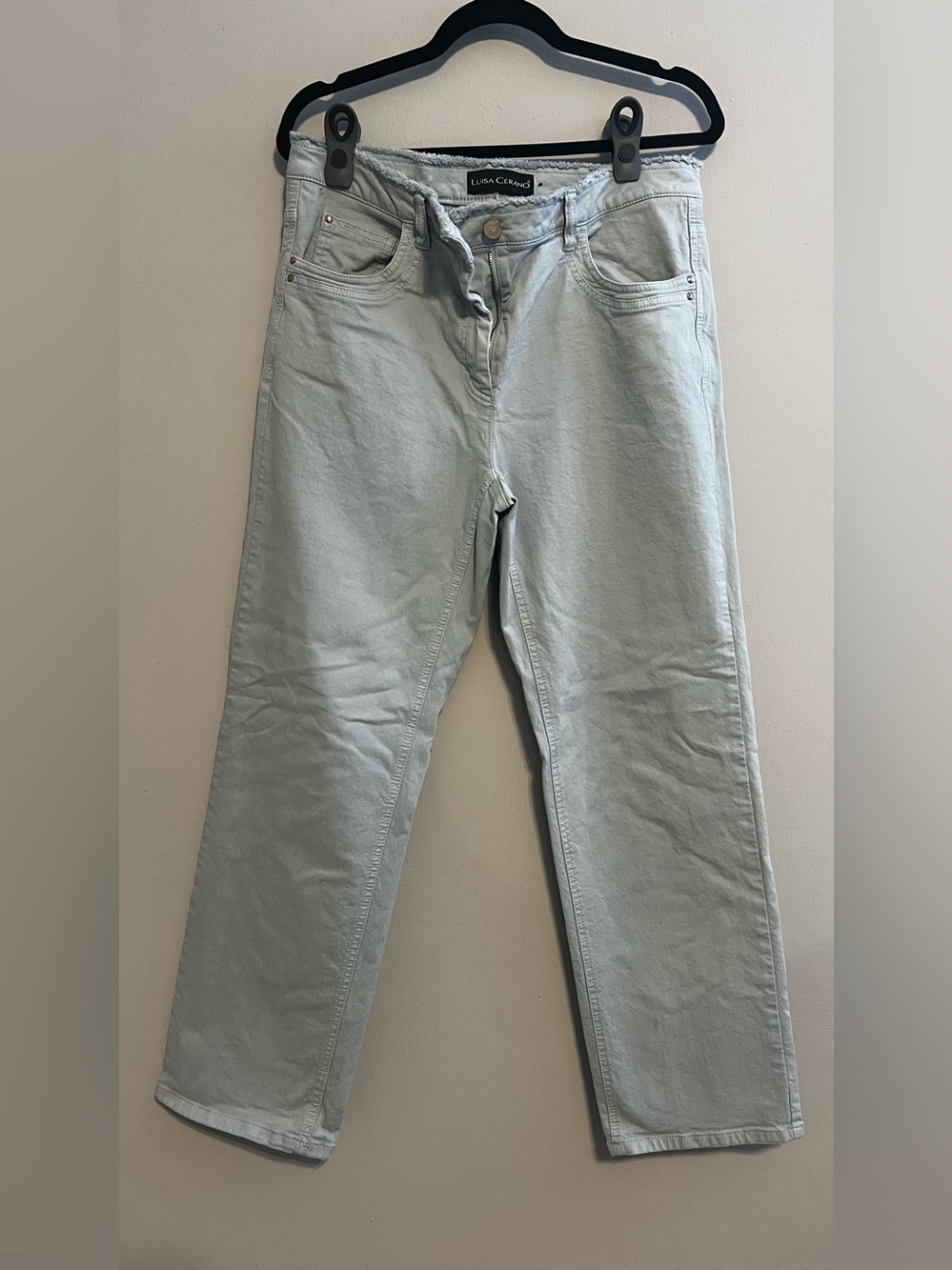 Luisa Cerano Light Wash Straight Leg Jeans Raw Frayed Waistband Size 12